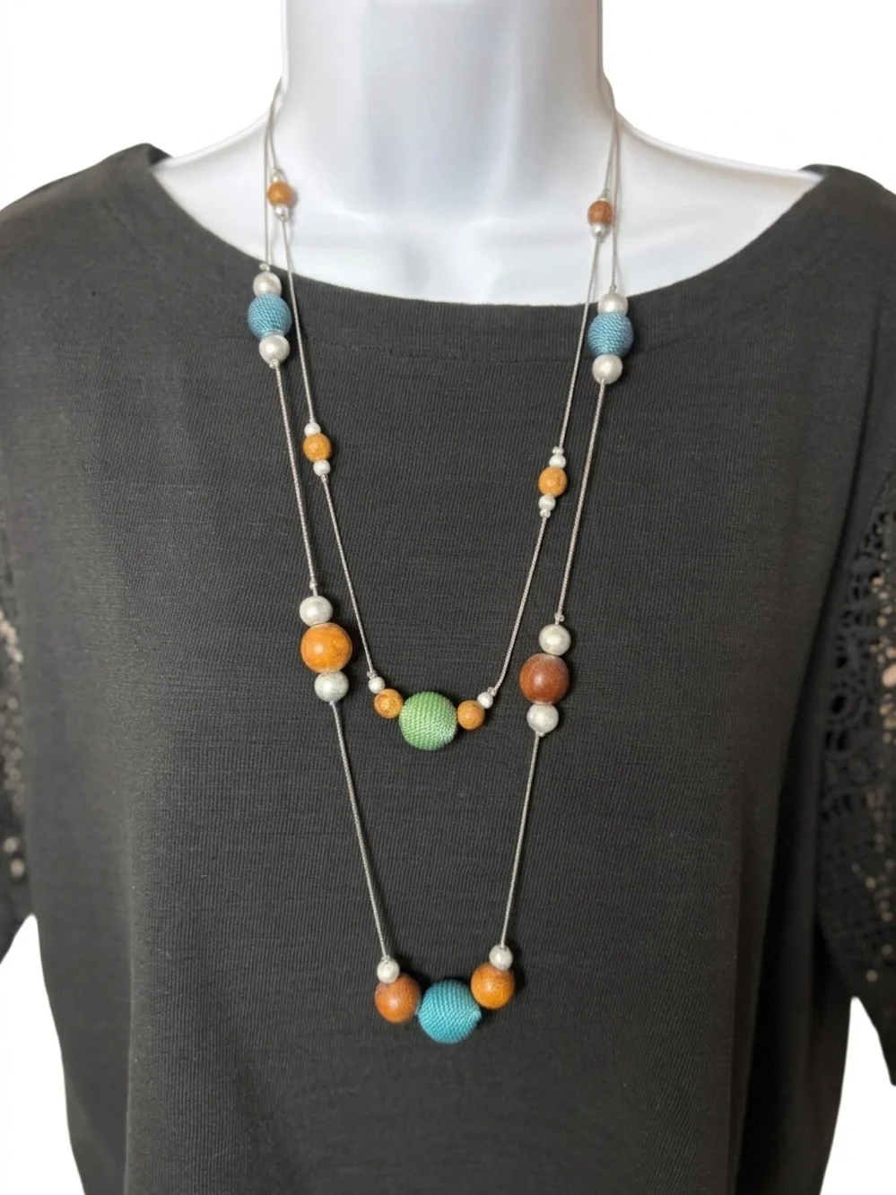 Artisanal Multi-Strand Statement Necklace with Fabric and Wooden Beads